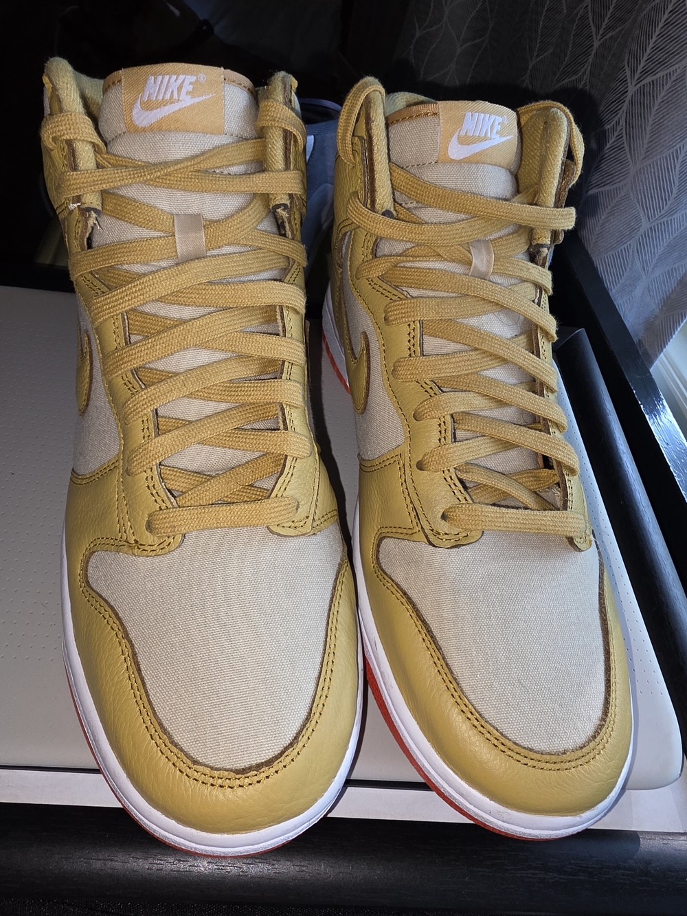 Nike Men’s Mid-Top Sneakers in Mustard and Beige with Red Accent
